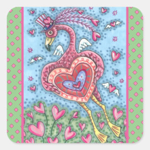 PINKFLAMINGO CUPID EN FLYHEARTS VALENTIJN VIERKANTE STICKER