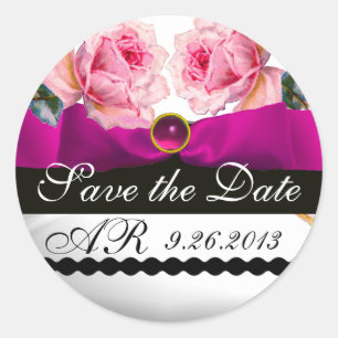 PINKROSES EN FUCHSIA RIBBON MONOGRAM Gemstone Ronde Sticker