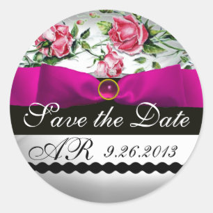 PINKROSES EN FUCHSIA RIBBON MONOGRAM Gemstone Ronde Sticker