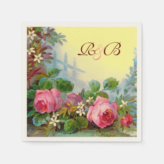 PINKROSES, JASMINEN, VLOEISTMONOGRAM Geel Servetten (Voorkant)