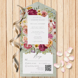  Pinks en Gele Floral op de QR-code Sage All In One Uitnodiging