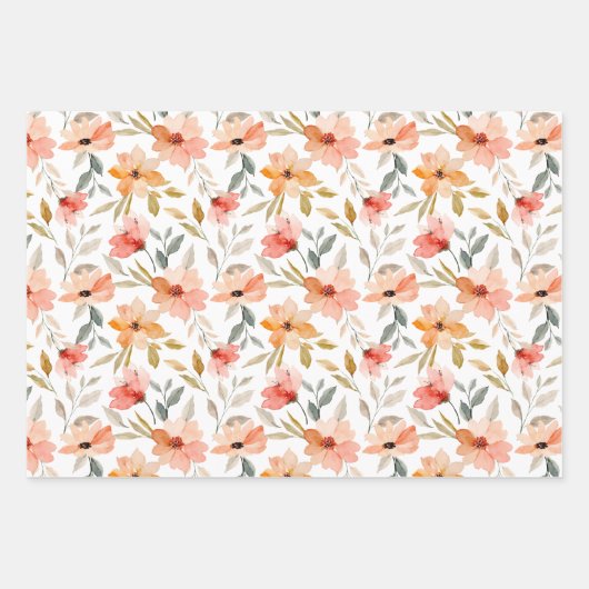 Pinks en Perzik Waterverf Bloemen Inpakpapier Vel (Voorkant 3)