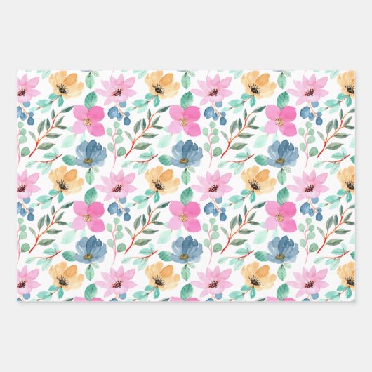 Pinks en Perzik Waterverf Bloemen Inpakpapier Vel (Voorkant)
