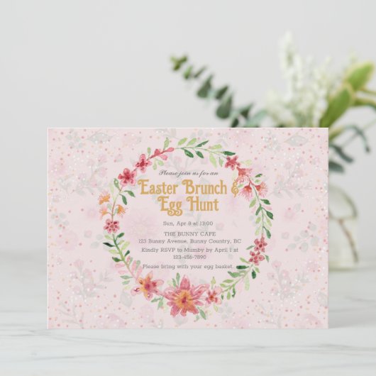 Pinky Foral Pasen Brunch Eiersoek Invitatie Kaart (Staand voorkant)
