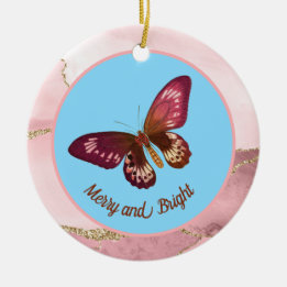 Pinky Peach Butterfly op Blue Sky Merry en Bright Keramisch Ornament