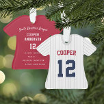 Pinstripe Baseball Joueur Jersey Statistiques Orne<br><div class="desc">Commémorez une saison fantastique pour votre joueur de baseball préféré avec cet ornement personnalisé cool avec des rayures grises et des lettrages bleu marine et rouge. Personnalisez le devant avec le nom et le numéro du joueur, et ajoutez des détails au dos, y compris le nom de l'équipe ou de...</div>