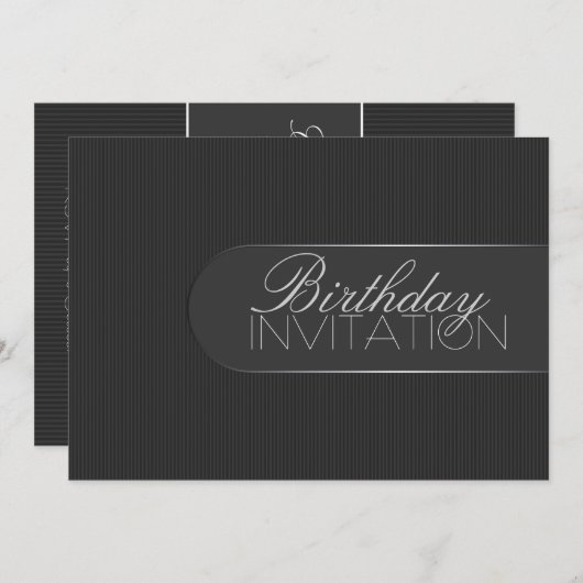 Pinstripe Black Silver Invitation de fête d'annive (Devant / Derrière)