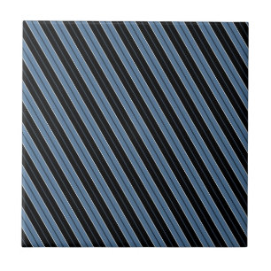 Pinstripes blauw zwart wit diagonale strepen tegeltje