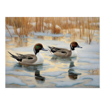 Pintail eenden op besneeuwde vijver