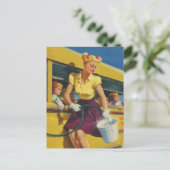Pinup Retro Woman Washing a School Bus Briefkaart (Staand voorkant)