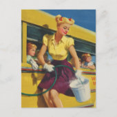 Pinup Retro Woman Washing a School Bus Briefkaart (Voorkant)