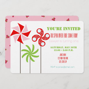 Pinwheels Birthday Invite {Girl Pink Strawberry} Kaart