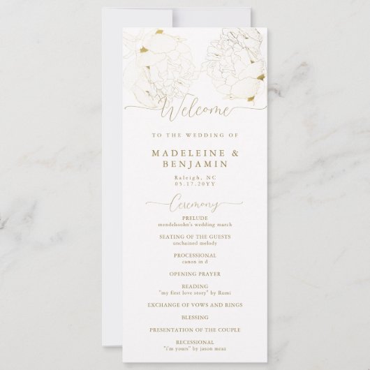 Pioen Bloemen Goud Kant Elegant Bruiloft Programma (Voorkant)