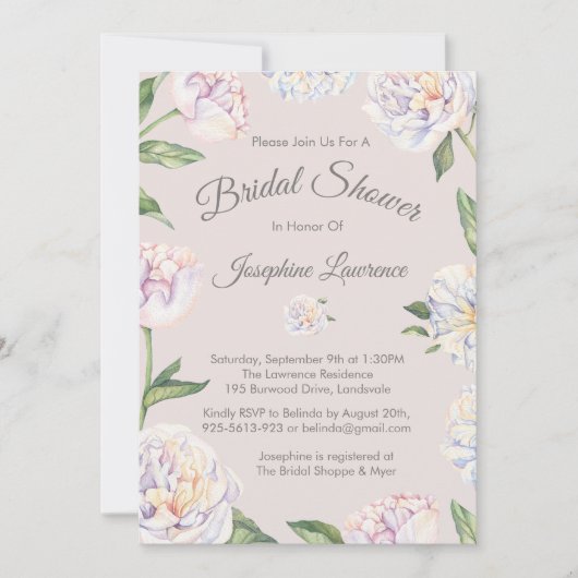 Pioen Bloemen Mauve Bridal Douche Uitnodigingen (Voorkant)