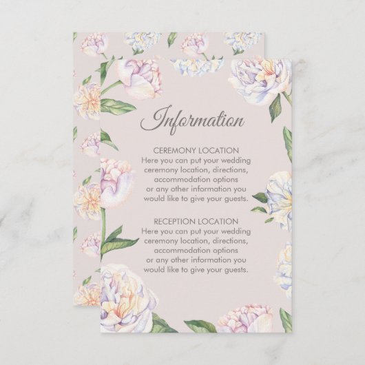 Pioen Bloemen Mauve Bruiloft Informatie Kaarten (Voorkant / Achterkant)