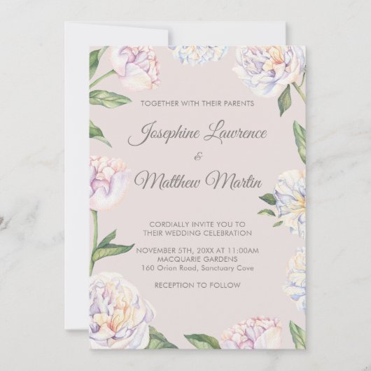 Pioen Bloemen Mauve Bruiloft Uitnodigingen (Voorkant)