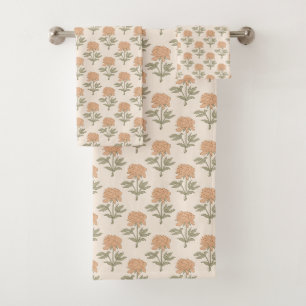 Pioen Bloemige Blokprint Vintage Boho Warm Neutraa Bad Handdoek