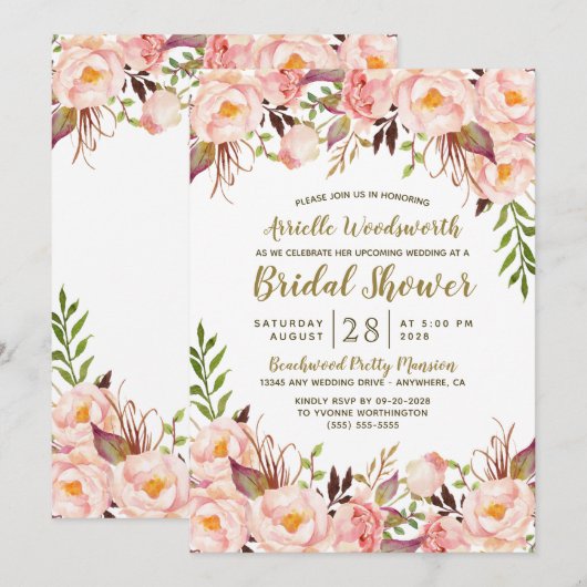 Pioen Blush Roze Gouden Bruids Douche Uitnodiginge Kaart (Voorkant / Achterkant)