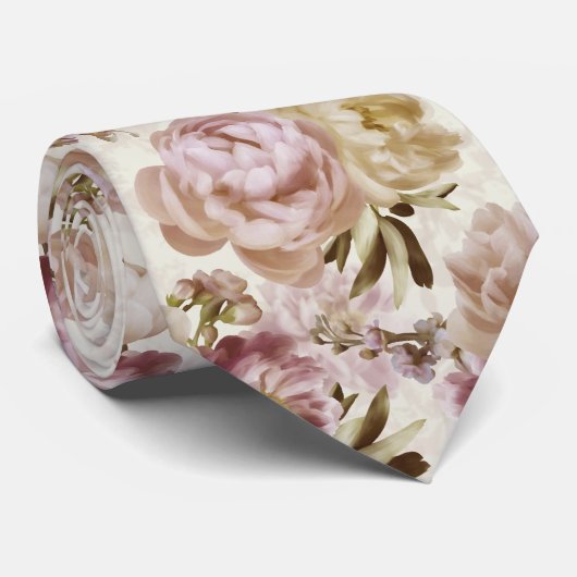 Pioen Bruiloft Roze en Ivoor Keepsake Naam + Datum Stropdas (Opgerold)