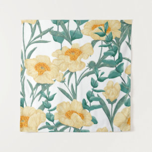 Pioen Claire de Lune Planten Naadloos Patroon. Wandkleed