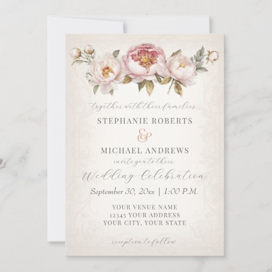 Pioen Elegant Bloem Blush Roze Ivoor Bruiloft Kaart (Voorkant)