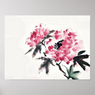 Pioen Japanse minimalistische kunstschildering Poster