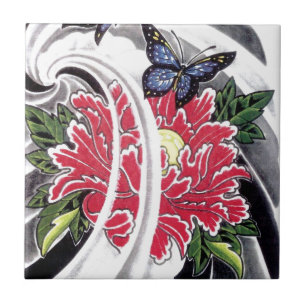 Pioenbloem en Vlinder Tattoo Ontwerp Tegeltje