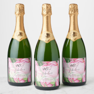 Pioenbloemen 90ste verjaardagsfeest sparkling wijnetiket