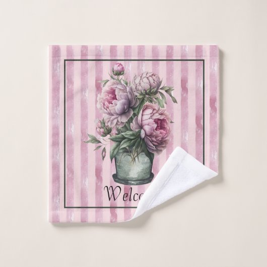 Pioenbloemen in aardewerk met gestreepte achtergro bad handdoek (Wasdoekje)