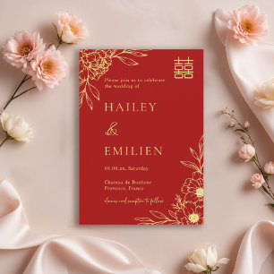 Pioenbloemen Modern Chinees Rood Goud Bruiloft Kaart