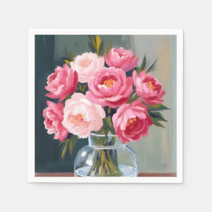 Pioenboeket Bloemenvase Roze Waterverf Bloemen Servet
