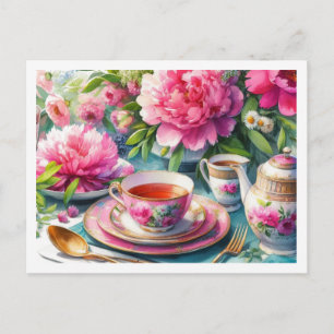 Pioenen en roze theekop Tea Party Bloemen Briefkaart