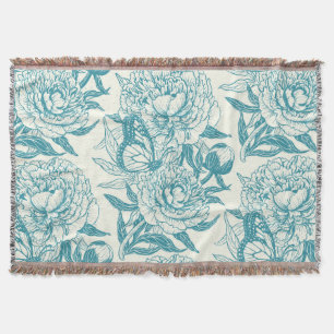 pioenen en vlinders blokdruk, lagune blauw deken