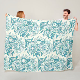 pioenen en vlinders blokdruk, lagune blauw fleece deken