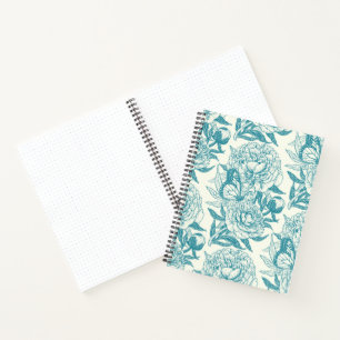 pioenen en vlinders blokdruk, lagune blauw notitieboek
