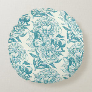 pioenen en vlinders blokdruk, lagune blauw rond kussen
