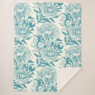 pioenen en vlinders blokdruk, lagune blauw sherpa deken