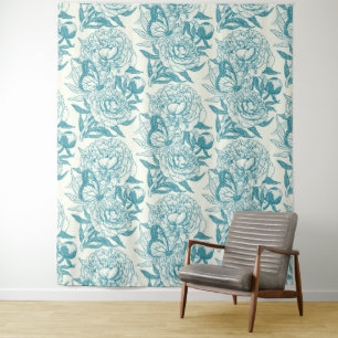 pioenen en vlinders blokdruk, lagune blauw wandkleed