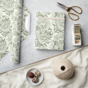 Pioenen en vlinders blokkeren print, salie en groe cadeaupapier