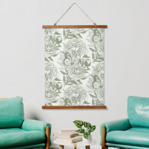 Pioenen en vlinders blokkeren print, salie en groe hangend wandkleed