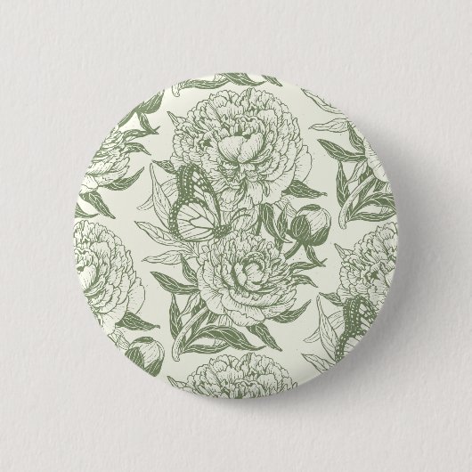 Pioenen en vlinders blokkeren print, salie en groe ronde button 5,7 cm (Voorkant)