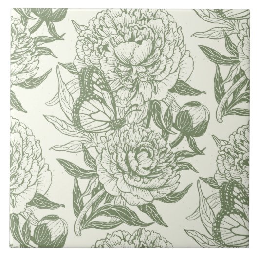 Pioenen en vlinders blokkeren print, salie en groe tegeltje (Voorkant)