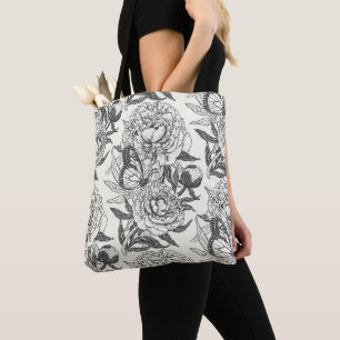 Pioenen en vlinders blokkeren print, zwart en wit draagtas