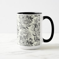 Pioenen en vlinders blokkeren print, zwart en wit