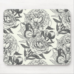 Pioenen en vlinders blokkeren print, zwart en wit muismat