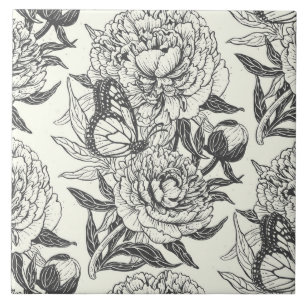 Pioenen en vlinders blokkeren print, zwart en wit tegeltje