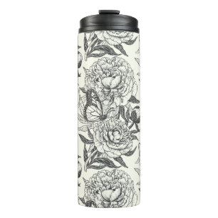 Pioenen en vlinders blokkeren print, zwart en wit thermosbeker
