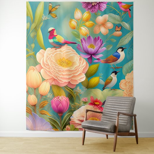 Pioenen en Vogels in pastelkleuren Wandkleed (In situ)