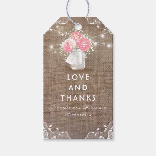 Pioenen Mason Jar Rustieke Burlap Bruiloft Cadeaulabel (Voorkant)