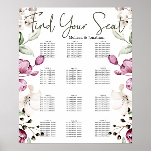 Pioenen Roze Bourgondië Bloemen Bruiloft Zitkaarte Poster (Voorkant)